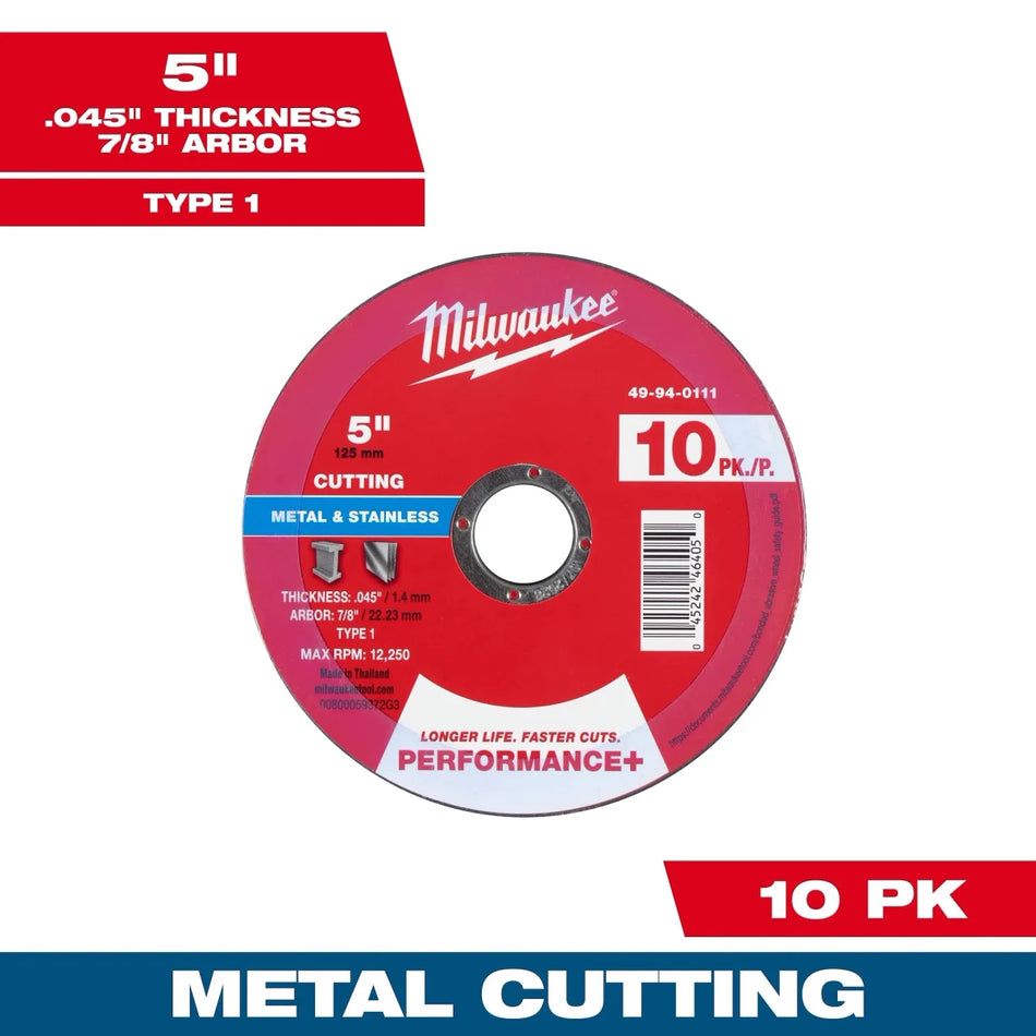 Milwaukee Tool 5" x .045" x 7/8" Performance+ Metal Cut Off Wheel - Type 1 - 10pk 4-PK - AAA Industrial Supply