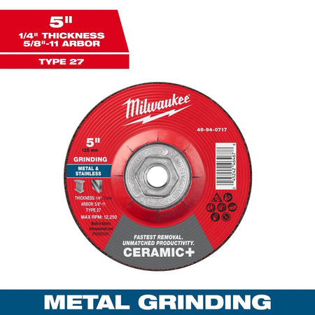 Milwaukee Tool 5" x 1/4" x 5/8"-11 Ceramic+ Metal Grinding Wheel - Type 27 5-PK - AAA Industrial Supply