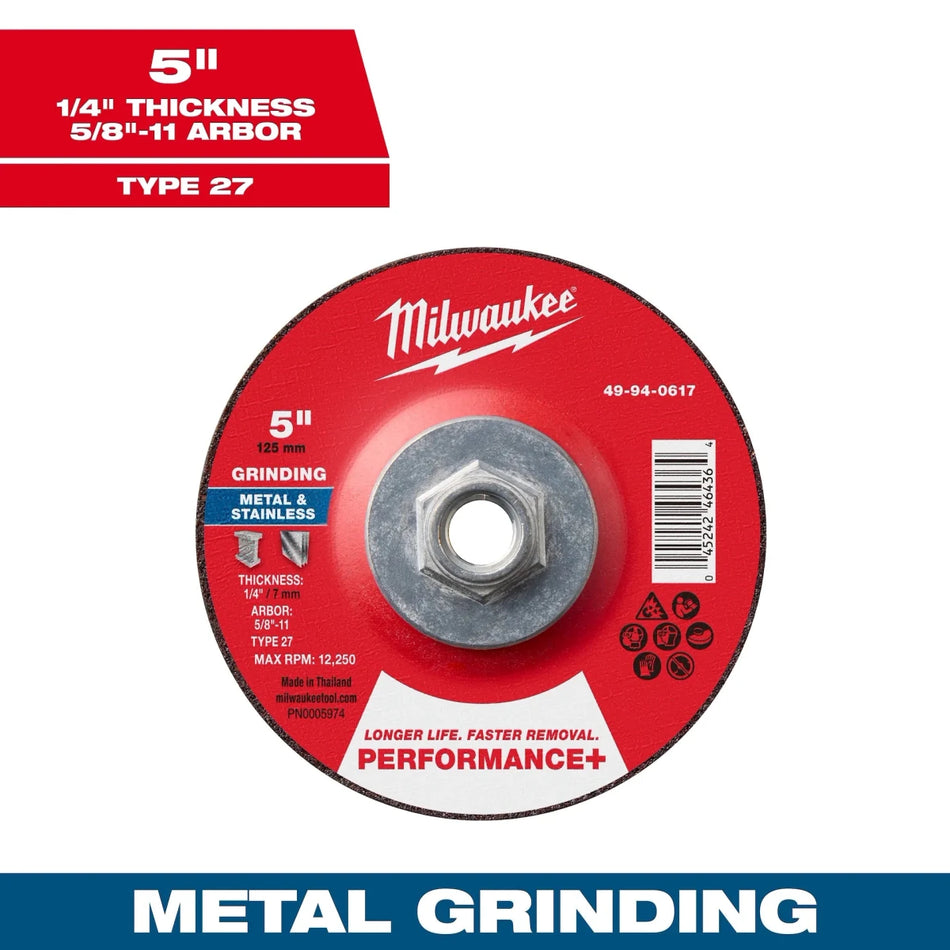 Milwaukee Tool 5" x 1/4" x 5/8"-11 Performance+ Metal Grinding Wheel - Type 27 5-PK - AAA Industrial Supply