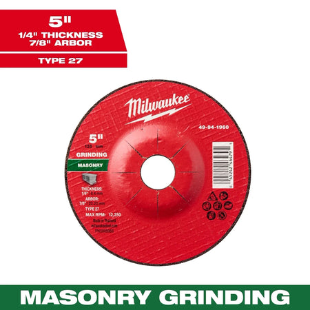 Milwaukee Tool 5" x 1/4" x 7/8" Masonry Grinding Wheel - Type 27 10-PK - AAA Industrial Supply