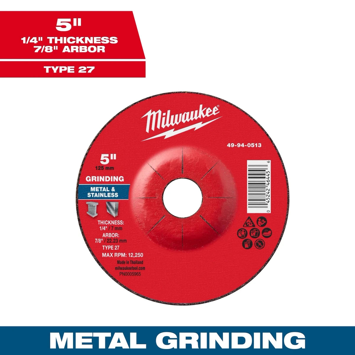 Milwaukee Tool 5" x 1/4" x 7/8" Metal Grinding Wheel - Type 27 10-PK - AAA Industrial Supply