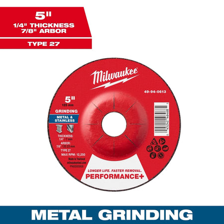 Milwaukee Tool 5" x 1/4" x 7/8" Performance+ Metal Grinding Wheel - Type 27 10-PK - AAA Industrial Supply