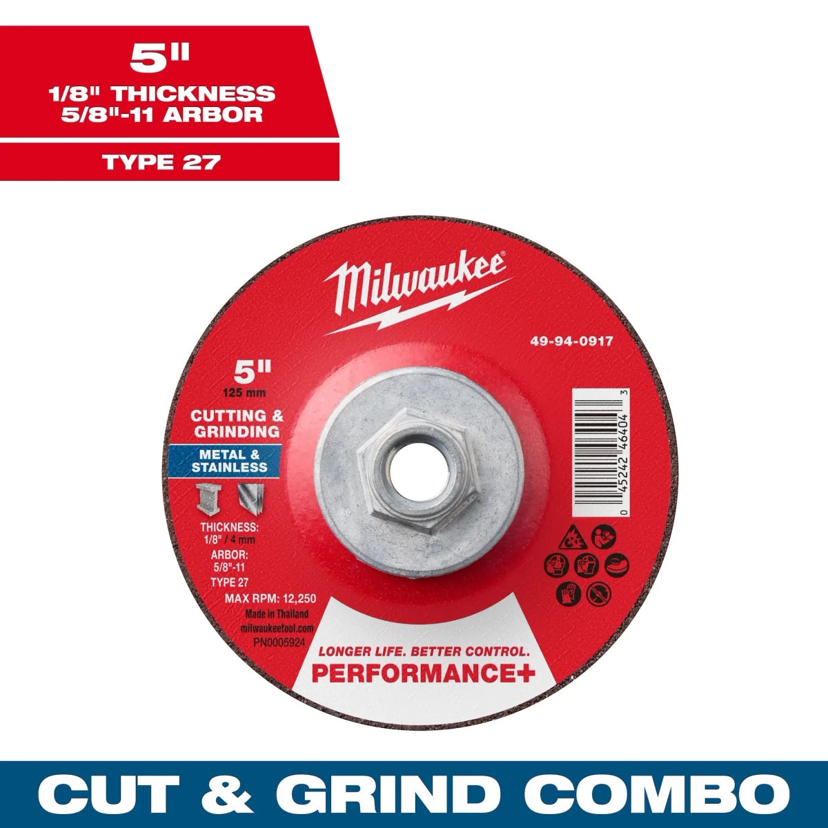 Milwaukee Tool 5" x 1/8" x 5/8"-11 Performance+ Dual Metal Cut & Grind Wheel - Type 27 10-PK - AAA Industrial Supply