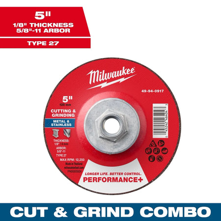 Milwaukee Tool 5" x 1/8" x 5/8"-11 Performance+ Dual Metal Cut & Grind Wheel - Type 27 10-PK - AAA Industrial Supply