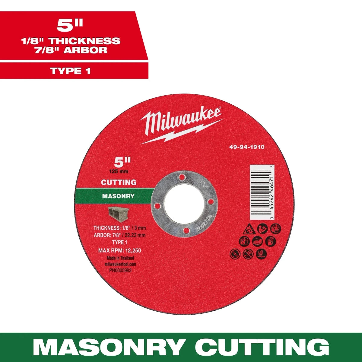 Milwaukee Tool 5" x 1/8" x 7/8" Masonry Cut Off Wheel -Type 1 25-PK - AAA Industrial Supply