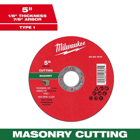 Milwaukee Tool 5" x 1/8" x 7/8" Masonry Cut Off Wheel -Type 1 25-PK - AAA Industrial Supply