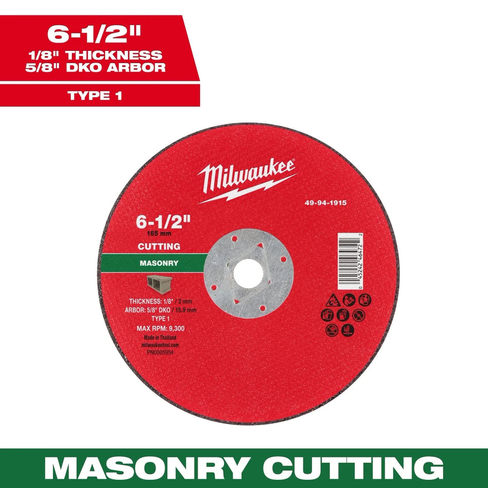 Milwaukee Tool 6-1/2" x 1/8" x 5/8" DKO Masonry Cut Off Wheel -Type 1 10-PK - AAA Industrial Supply