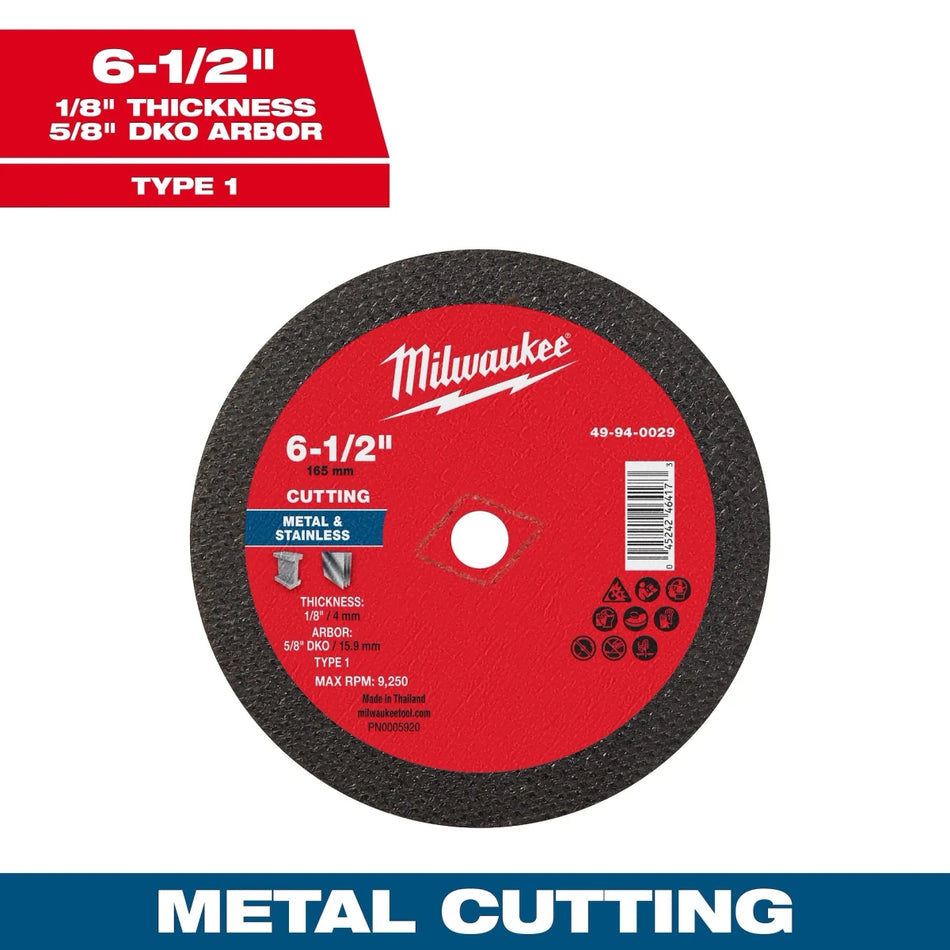 Milwaukee Tool 6-1/2" x 1/8" x 5/8" DKO Metal Cut Off Wheel -Type 1 10-PK - AAA Industrial Supply