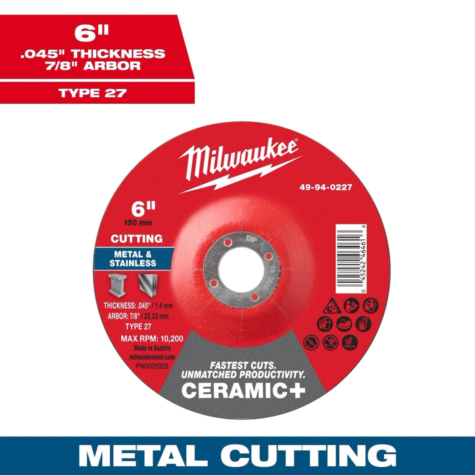 Milwaukee Tool 6" x .045" x 7/8" Ceramic+ Metal Cut Off Wheel -Type 27 25-PK - AAA Industrial Supply