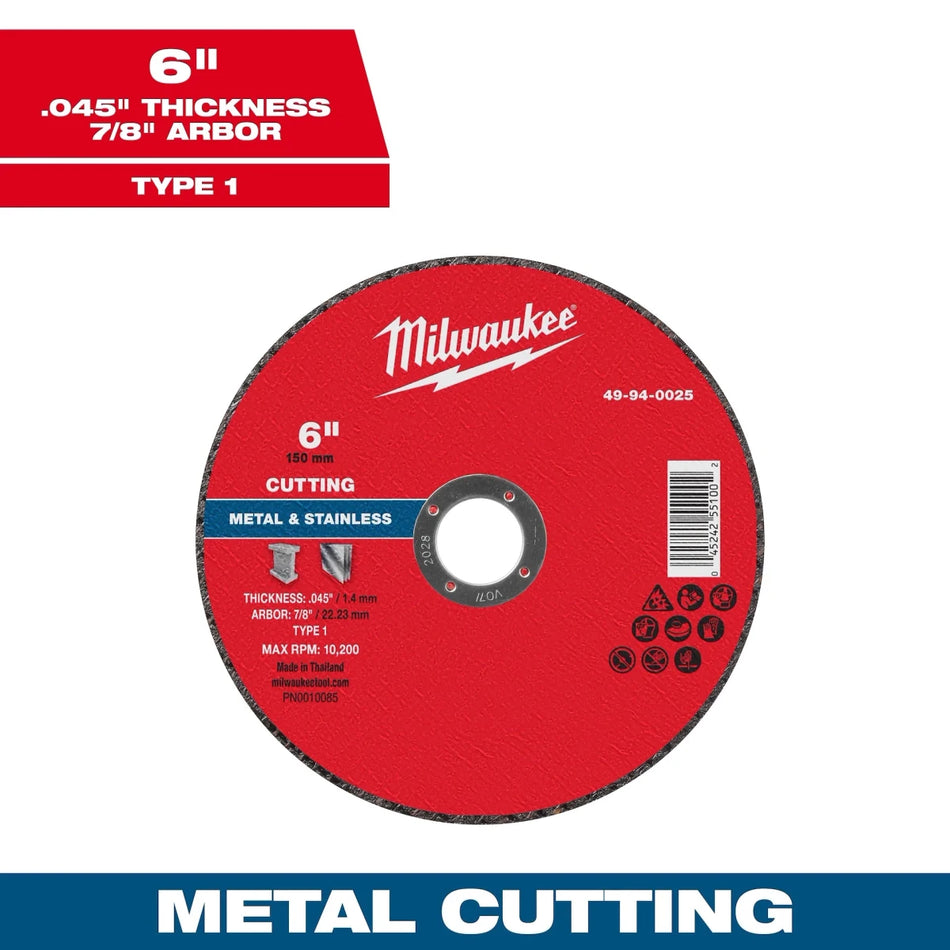 Milwaukee Tool 6" x .045" x 7/8" Metal Cut Off Wheel -Type 1 100-PK - AAA Industrial Supply
