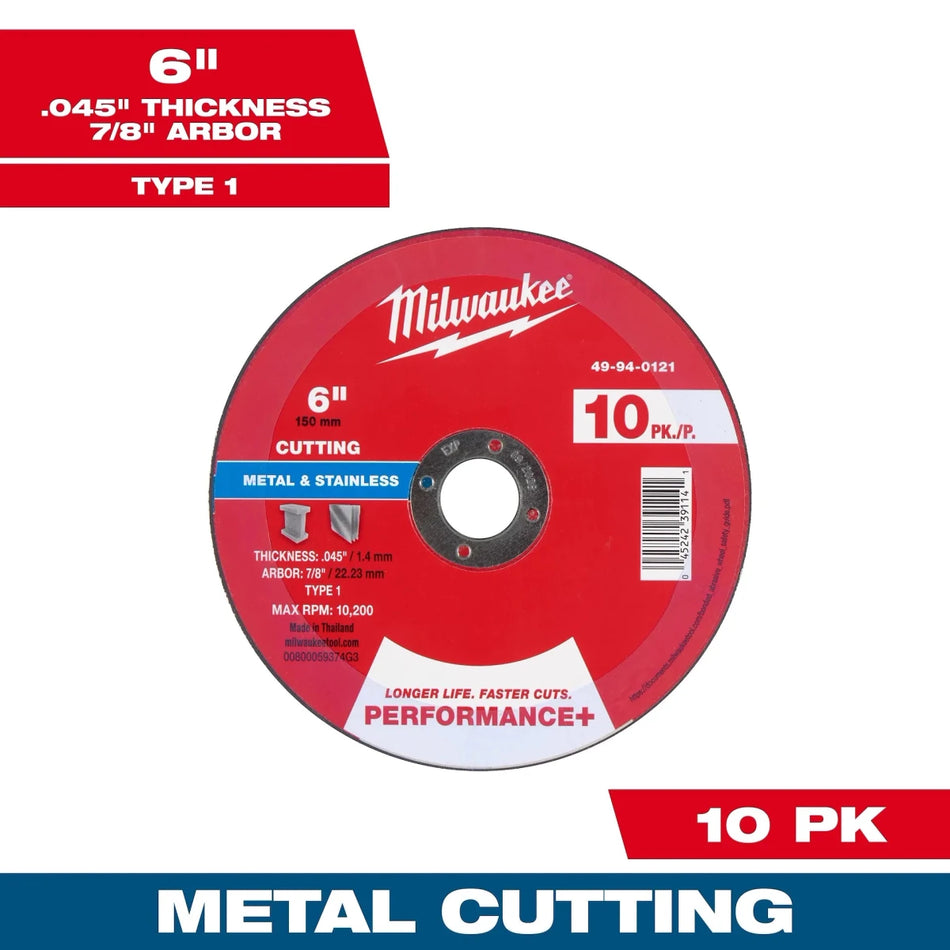 Milwaukee Tool 6" x .045" x 7/8" Performance+ Metal Cut Off Wheel - Type 1 4-PK - AAA Industrial Supply