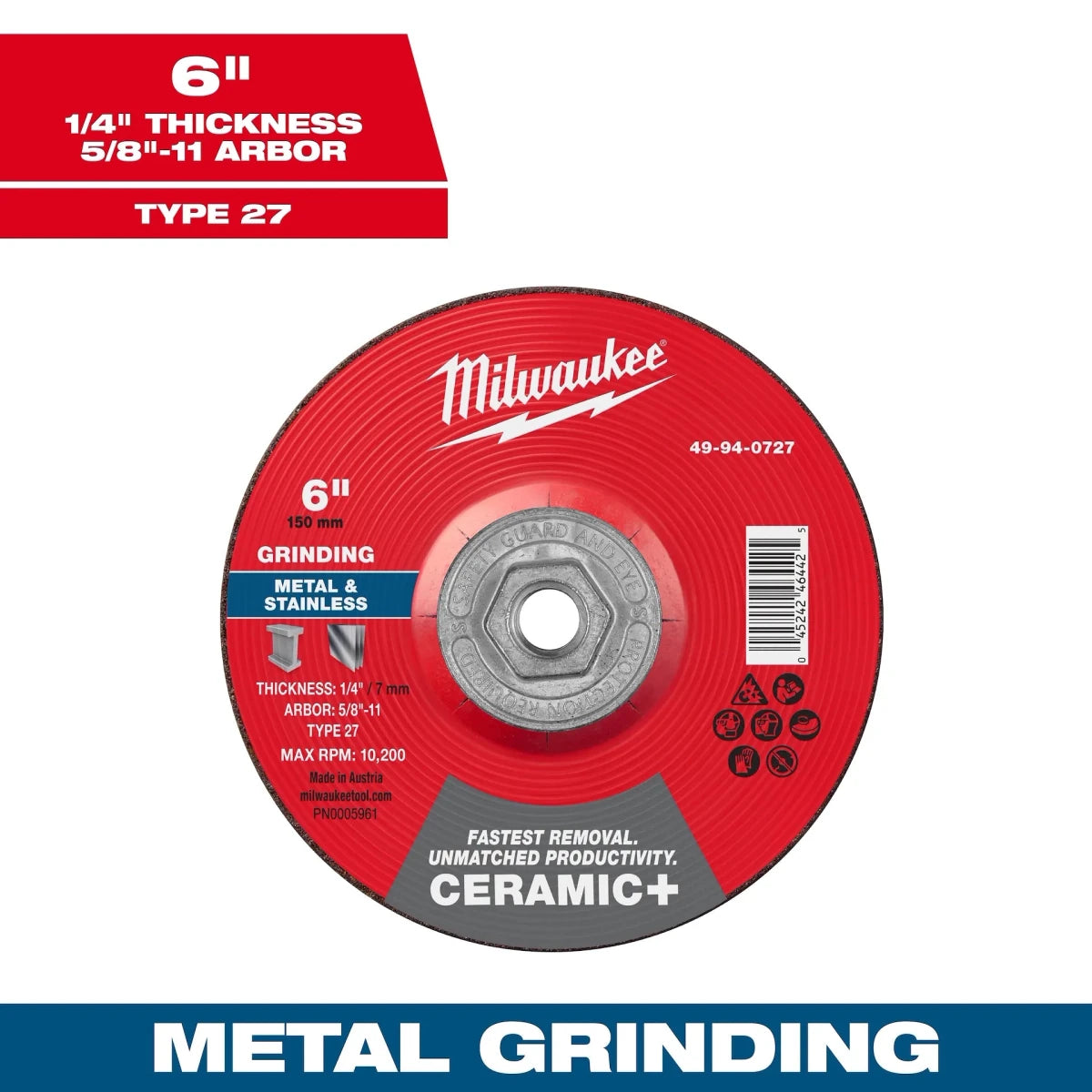 Milwaukee Tool 6" x 1/4" x 5/8"-11 Ceramic+ Metal Grinding Wheel - Type 27 5-PK - AAA Industrial Supply