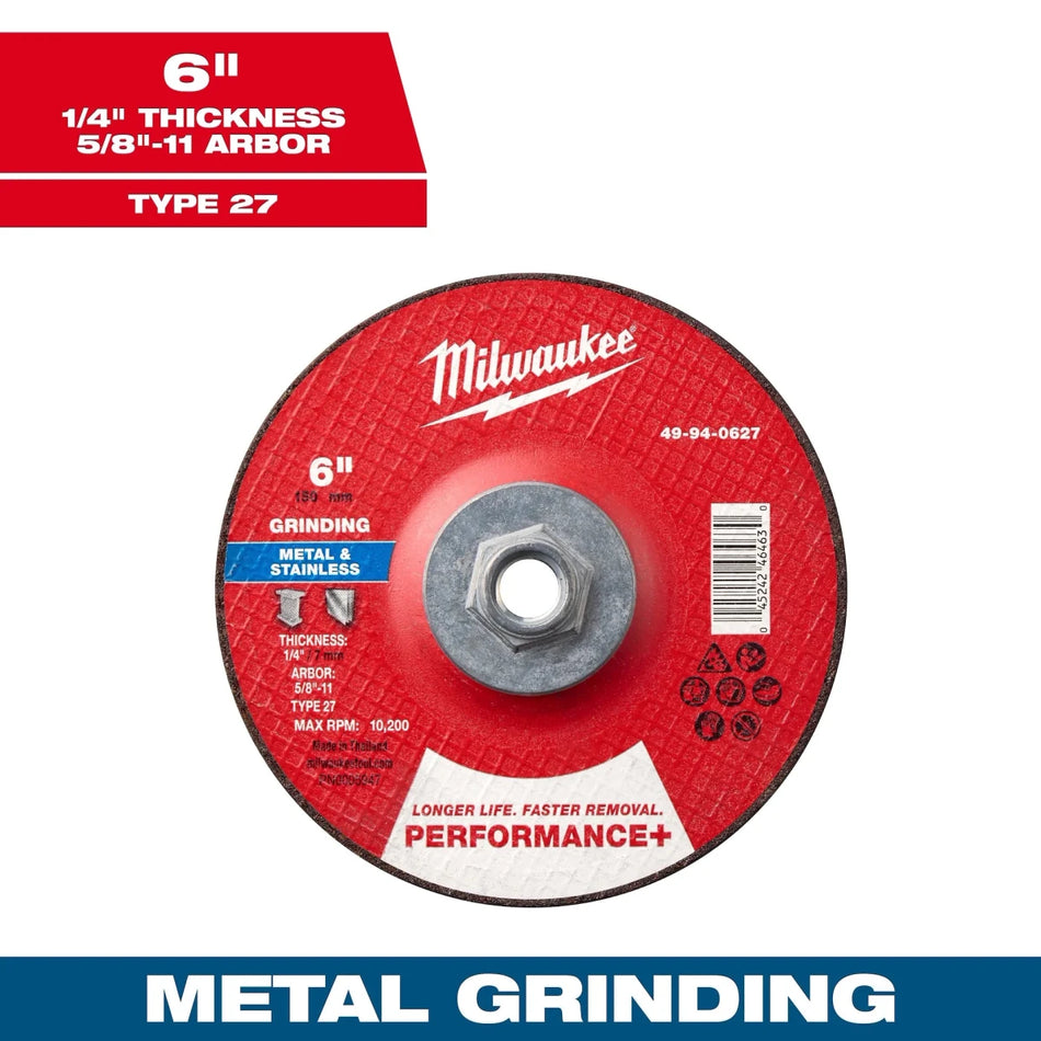 Milwaukee Tool 6" x 1/4" x 5/8"-11 Performance+ Metal Grinding Wheel - Type 27 5-PK - AAA Industrial Supply