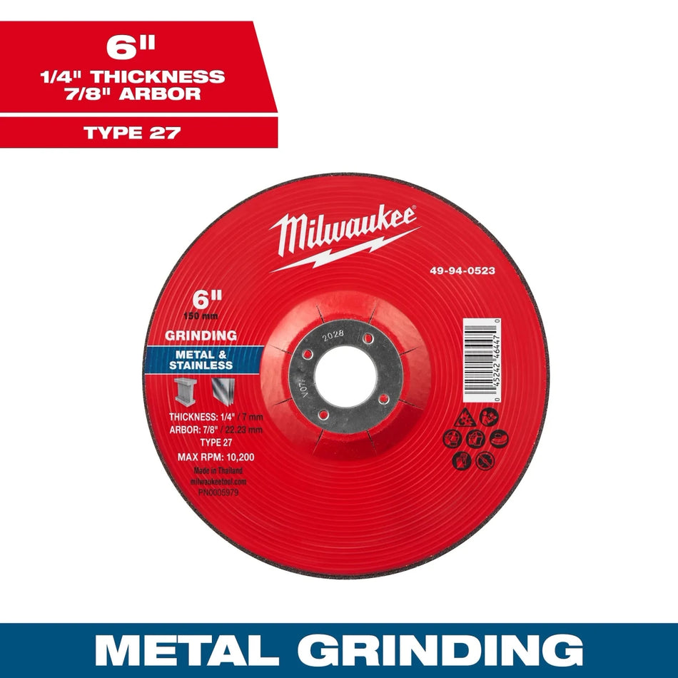 Milwaukee Tool 6" x 1/4" x 7/8" Metal Grinding Wheel - Type 27 10-PK - AAA Industrial Supply