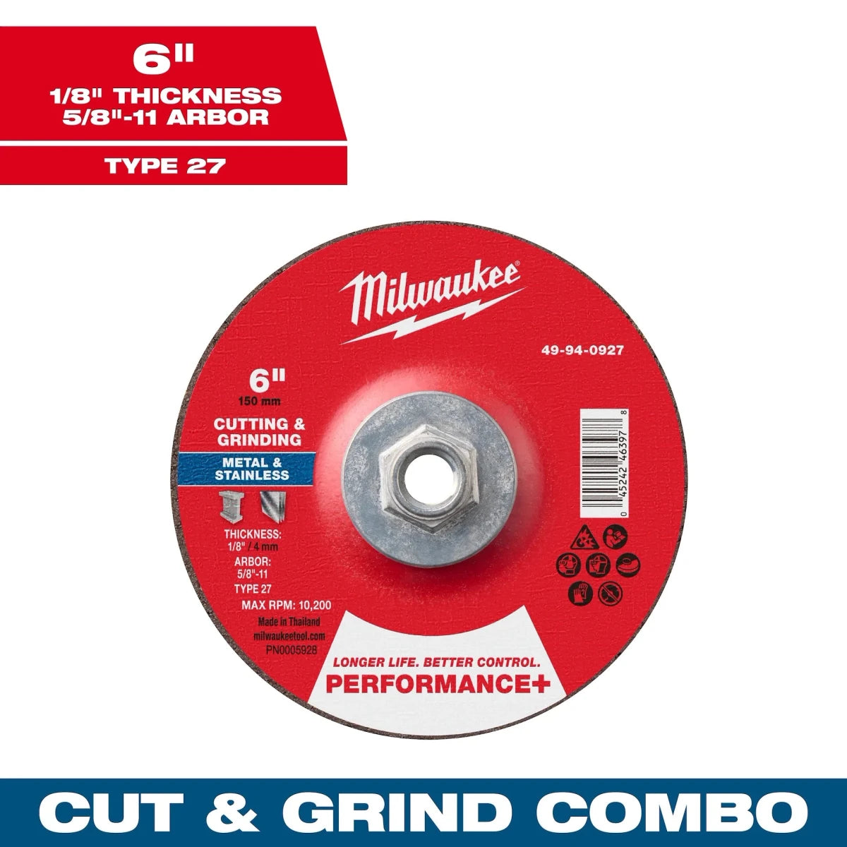 Milwaukee Tool 6" x 1/8" x 5/8"-11 Performance+ Dual Metal Cut & Grind Wheel - Type 27 10-PK - AAA Industrial Supply