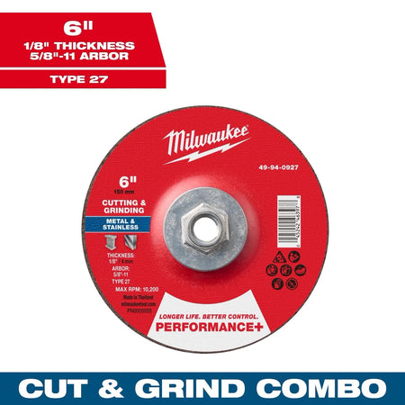 Milwaukee Tool 6" x 1/8" x 5/8"-11 Performance+ Dual Metal Cut & Grind Wheel - Type 27 10-PK - AAA Industrial Supply