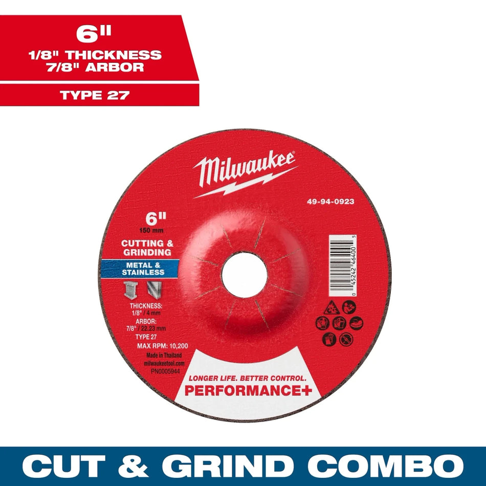 Milwaukee Tool 6" x 1/8" x 7/8" Performance+ Dual Metal Cut & Grind Wheel - Type 27 25-PK - AAA Industrial Supply