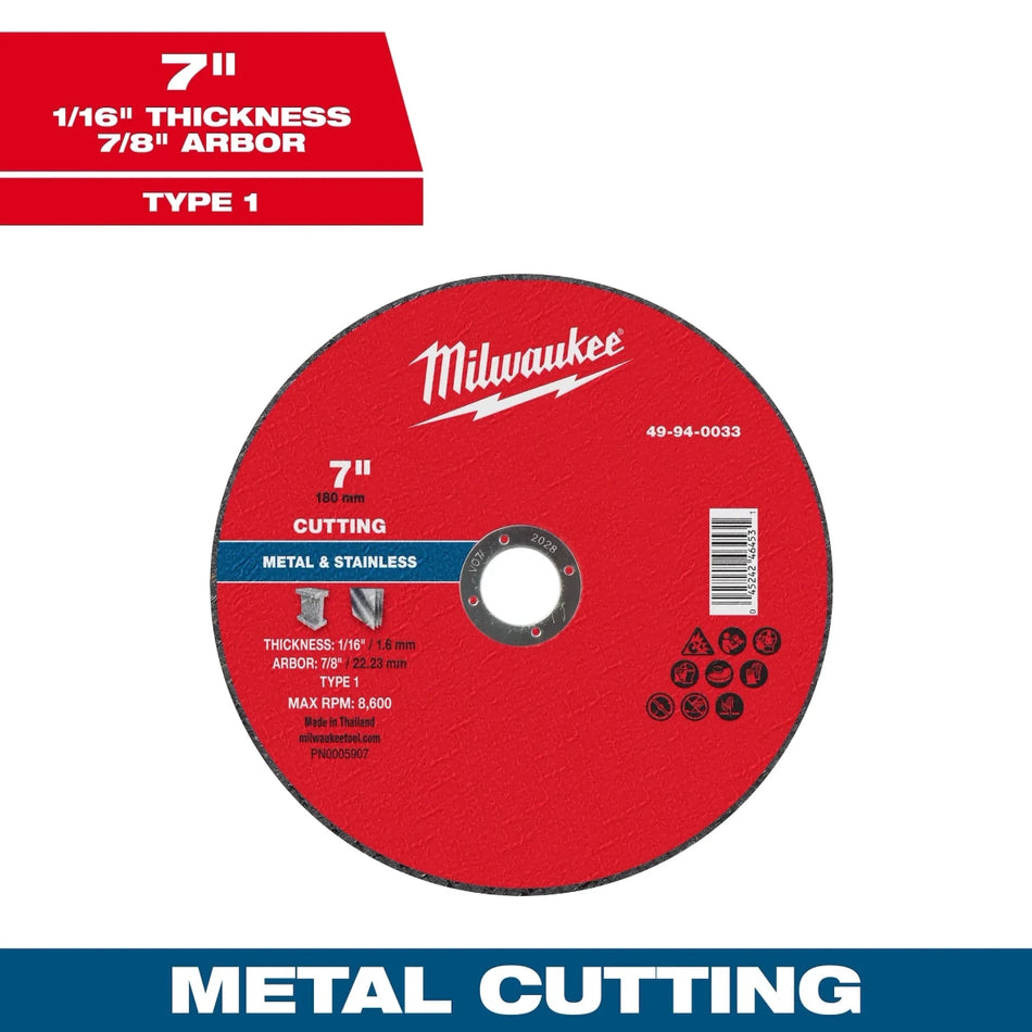 Milwaukee Tool 7" x 1/16" x 7/8" Metal Cut Off Wheel -Type 1 25-PK - AAA Industrial Supply