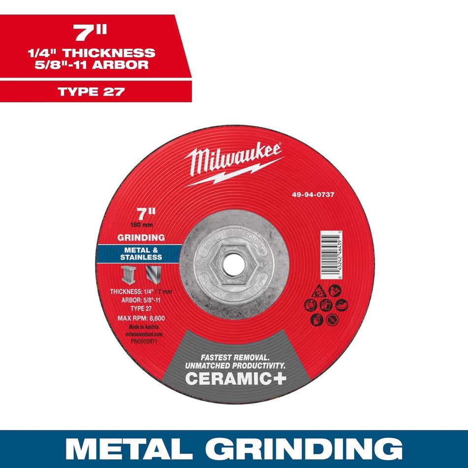 Milwaukee Tool 7" x 1/4" x 5/8"-11 Ceramic+ Metal Grinding Wheel - Type 27 5-PK - AAA Industrial Supply