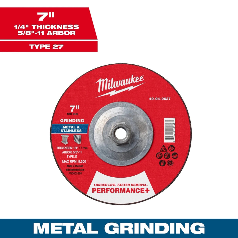 Milwaukee Tool 7" x 1/4" x 5/8"-11 Performance+ Metal Grinding Wheel - Type 27 5-PK - AAA Industrial Supply