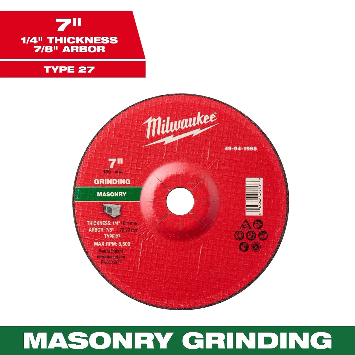 Milwaukee Tool 7" x 1/4" x 7/8" Masonry Grinding Wheel - Type 27 10-PK - AAA Industrial Supply