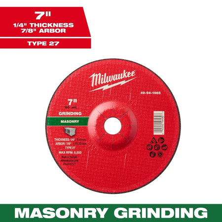 Milwaukee Tool 7" x 1/4" x 7/8" Masonry Grinding Wheel - Type 27 10-PK - AAA Industrial Supply