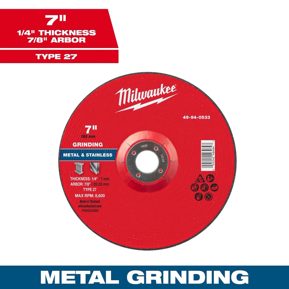 Milwaukee Tool 7" x 1/4" x 7/8" Metal Grinding Wheel - Type 27 10-PK - AAA Industrial Supply