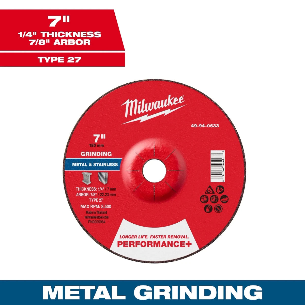 Milwaukee Tool 7" x 1/4" x 7/8" Performance+ Metal Grinding Wheel - Type 27 10-PK - AAA Industrial Supply