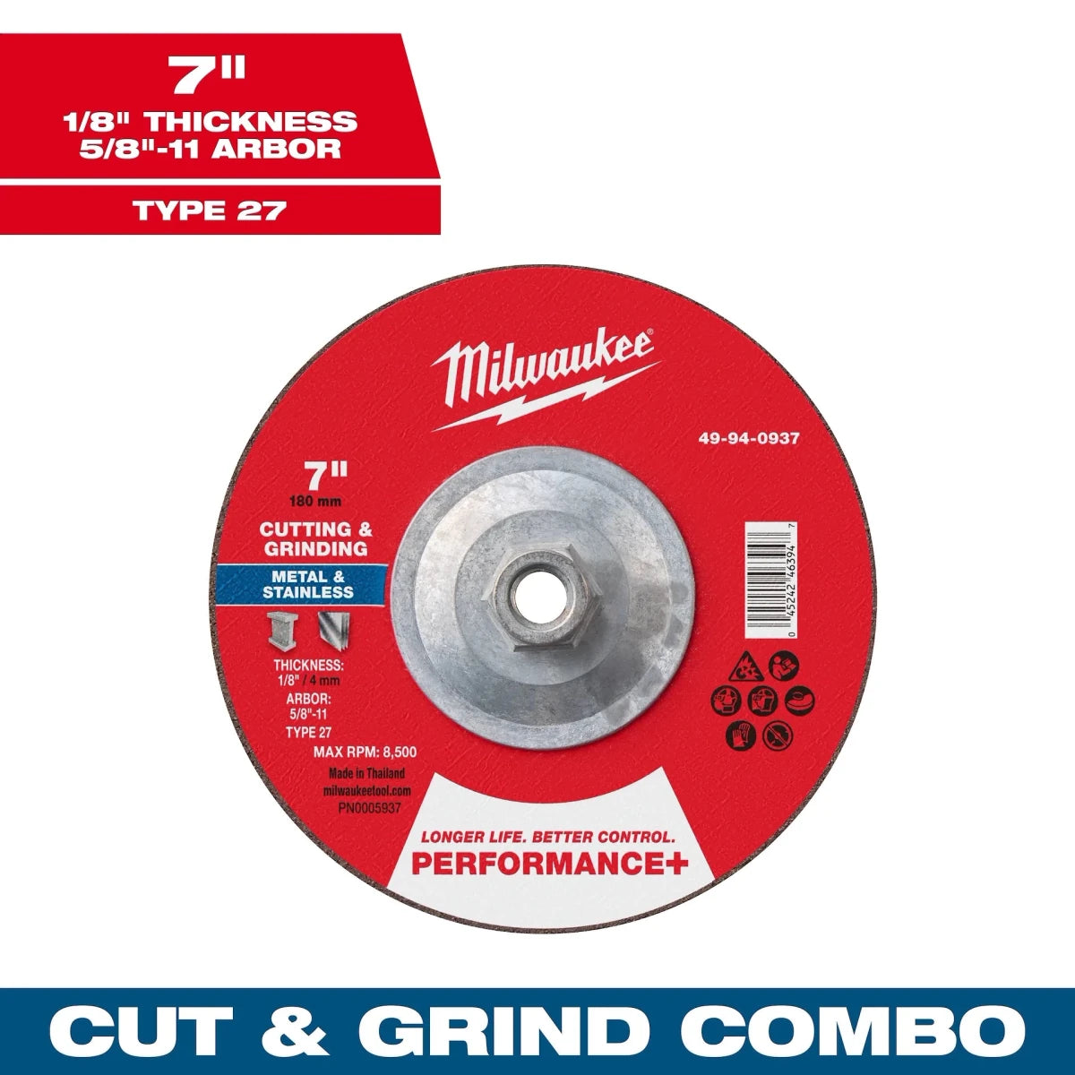 Milwaukee Tool 7" x 1/8" x 5/8"-11 Performance+ Dual Metal Cut & Grind Wheel - Type 27 10-PK - AAA Industrial Supply