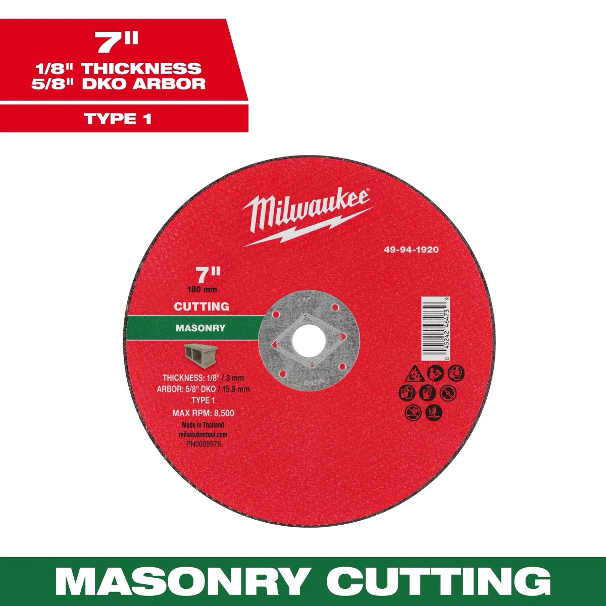 Milwaukee Tool 7" x 1/8" x 5/8" DKO Masonry Cut Off Wheel -Type 1 10-PK - AAA Industrial Supply