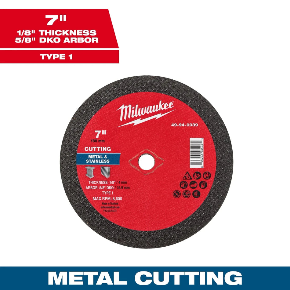 Milwaukee Tool 7" x 1/8" x 5/8" DKO Metal Cut Off Wheel -Type 1 10-PK - AAA Industrial Supply