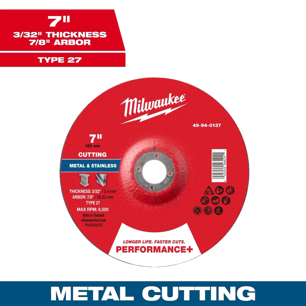 Milwaukee Tool 7" x 3/32" x 7/8" Performance+ Metal Cut Off Wheel - Type 27 25-PK - AAA Industrial Supply