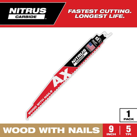 Milwaukee Tool 9" 5 TPI AX™ w/NITRUS™ Carbide Teeth SAWZALL® Blade for Wood with Nails 5-PK - AAA Industrial Supply