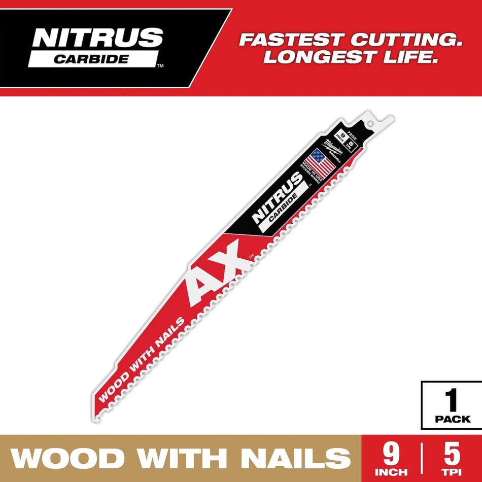 Milwaukee Tool 9" 5 TPI AX™ w/NITRUS™ Carbide Teeth SAWZALL® Blade for Wood with Nails 5-PK - AAA Industrial Supply