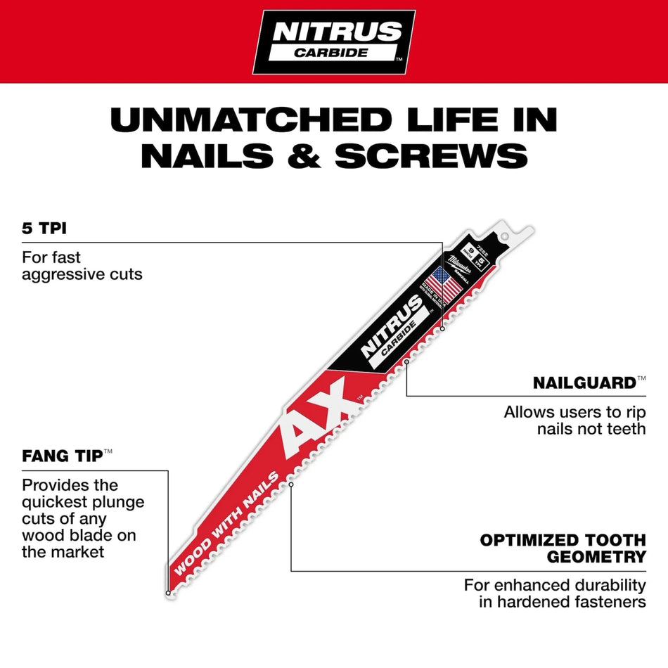 Milwaukee Tool 9" 5 TPI AX™ w/NITRUS™ Carbide Teeth SAWZALL® Blade for Wood with Nails 5-PK - AAA Industrial Supply