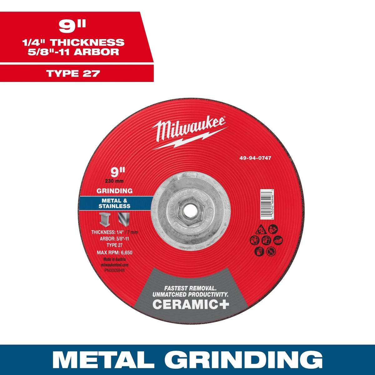 Milwaukee Tool 9" x 1/4" x 5/8"-11 Ceramic+ Metal Grinding Wheel - Type 27 5-PK - AAA Industrial Supply
