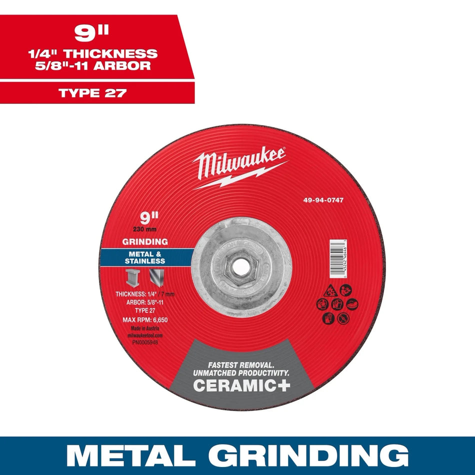 Milwaukee Tool 9" x 1/4" x 5/8"-11 Ceramic+ Metal Grinding Wheel - Type 27 5-PK - AAA Industrial Supply