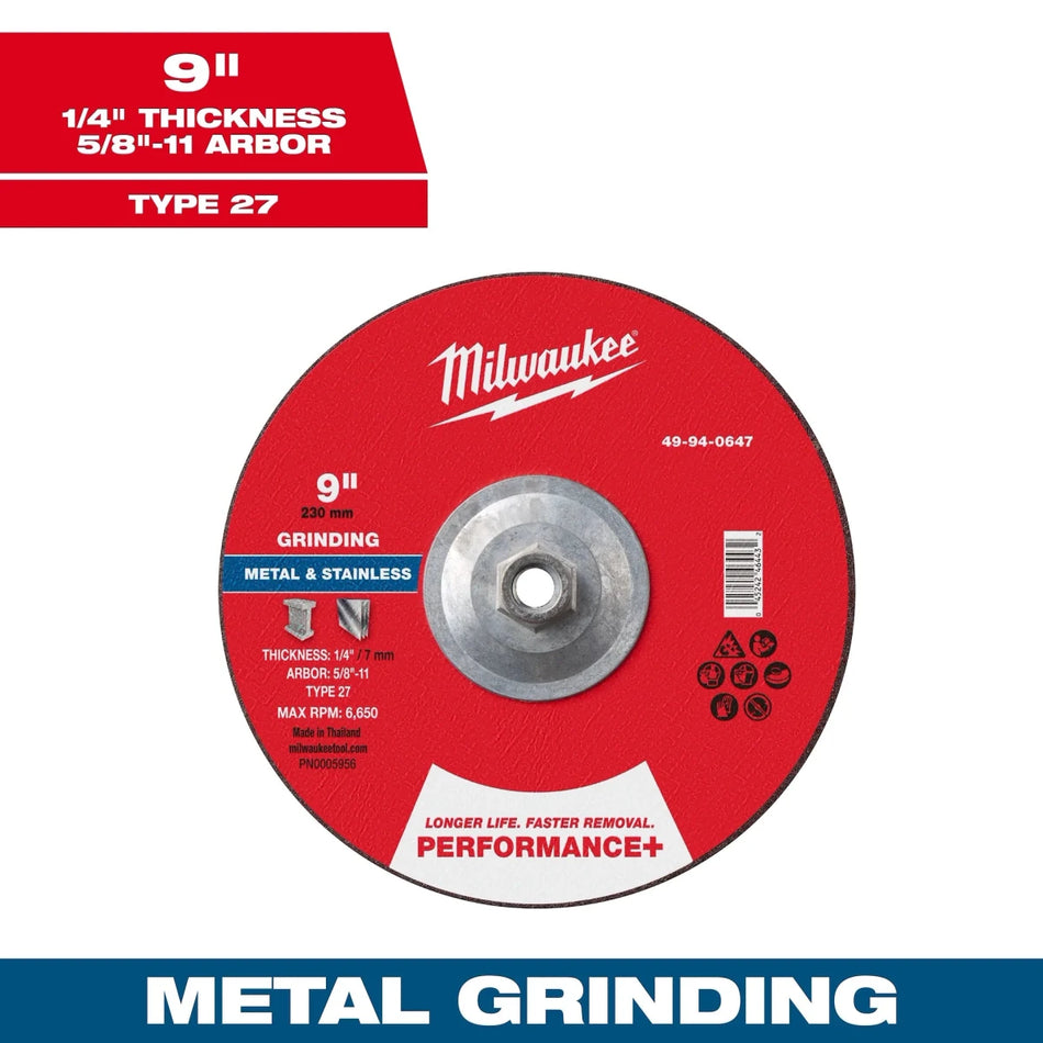 Milwaukee Tool 9" x 1/4" x 5/8"-11 Performance+ Metal Grinding Wheel - Type 27 5-PK - AAA Industrial Supply
