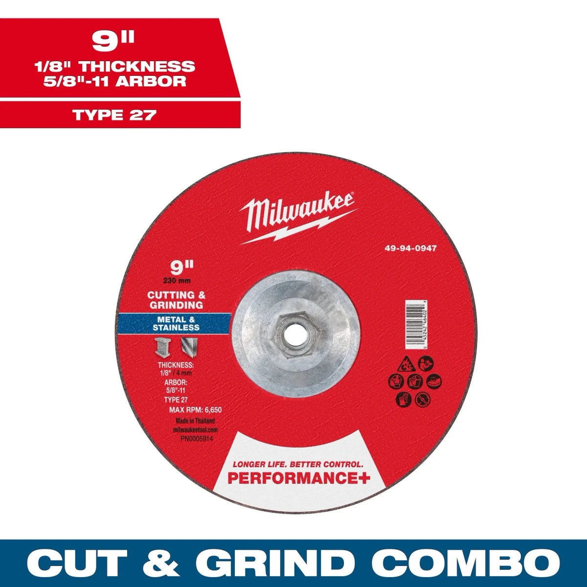 Milwaukee Tool 9" x 1/8" x 5/8"-11 Performance+ Dual Metal Cut & Grind Wheel - Type 27 10-PK - AAA Industrial Supply