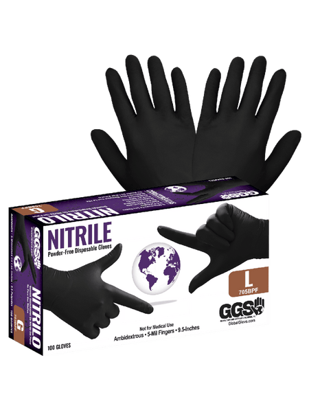 Nitrile, Powder - Free, Industrial - Grade, Black, 5 - Mil, Textured Fingertips, 9.5 - Inch Disposable Gloves - 705BPF - AAA Industrial Supply