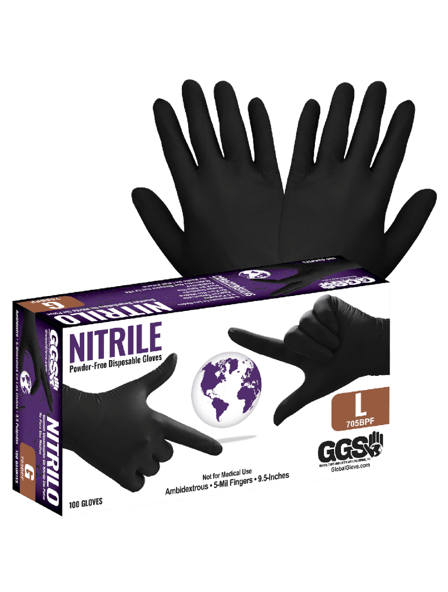 Nitrile, Powder - Free, Industrial - Grade, Black, 5 - Mil, Textured Fingertips, 9.5 - Inch Disposable Gloves - 705BPF - AAA Industrial Supply