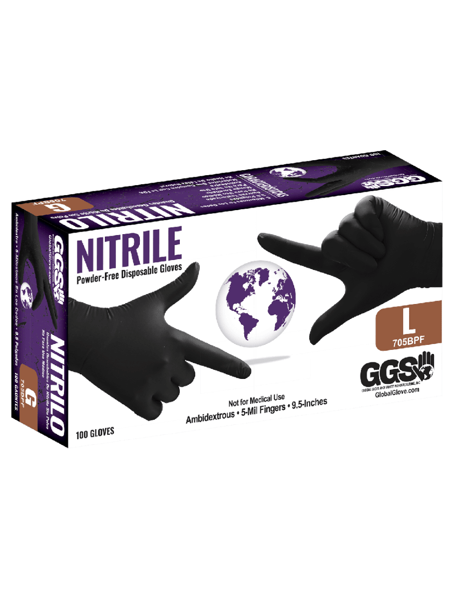 Nitrile, Powder - Free, Industrial - Grade, Black, 5 - Mil, Textured Fingertips, 9.5 - Inch Disposable Gloves - 705BPF - AAA Industrial Supply