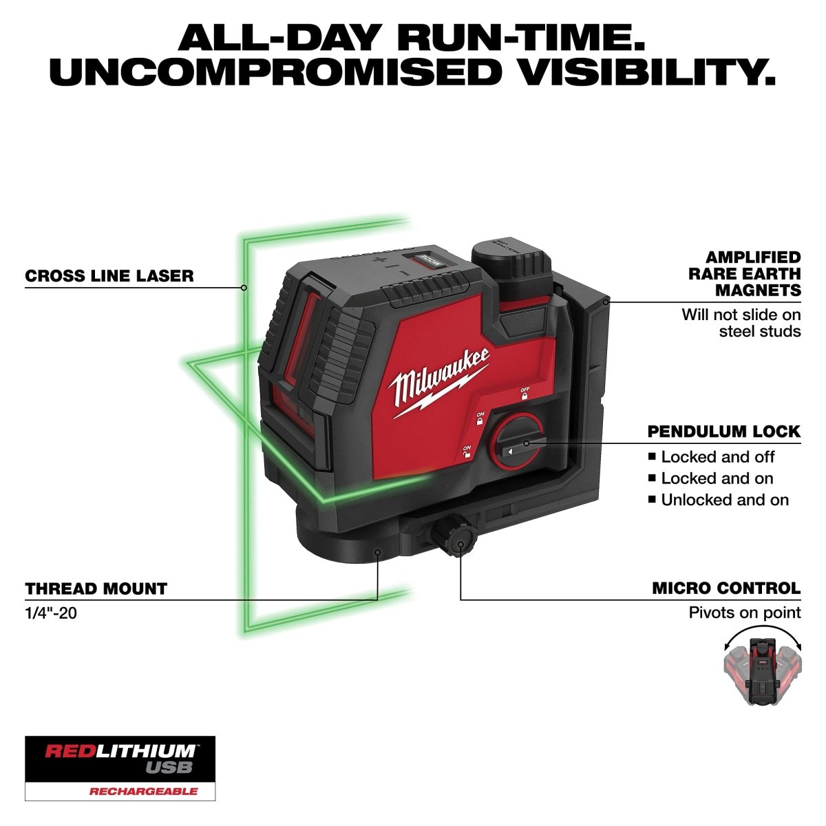 USB Rechargeable Green Cross Line Laser - AAA Industrial Supply