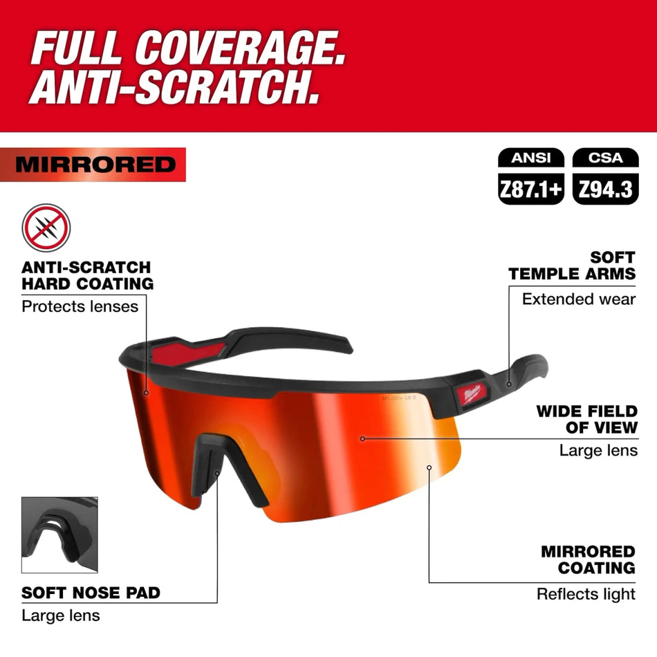 Wrap Around Safety Glasses - Red Mirrored Anti-Scratch Lenses - AAA Industrial Supply